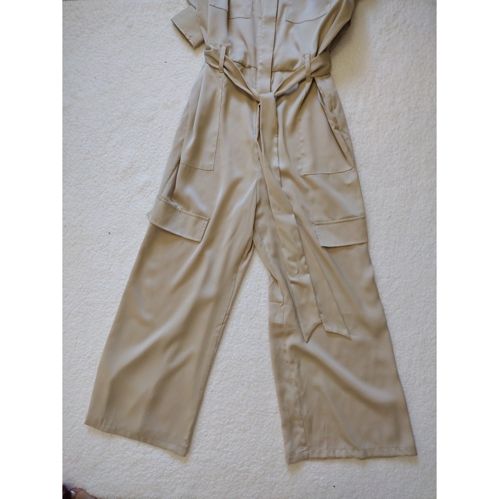 Scoop Jumpsuit Woman Medium Beige Flare Long Sleeves Collared Belted Silky - Picture 5 of 8